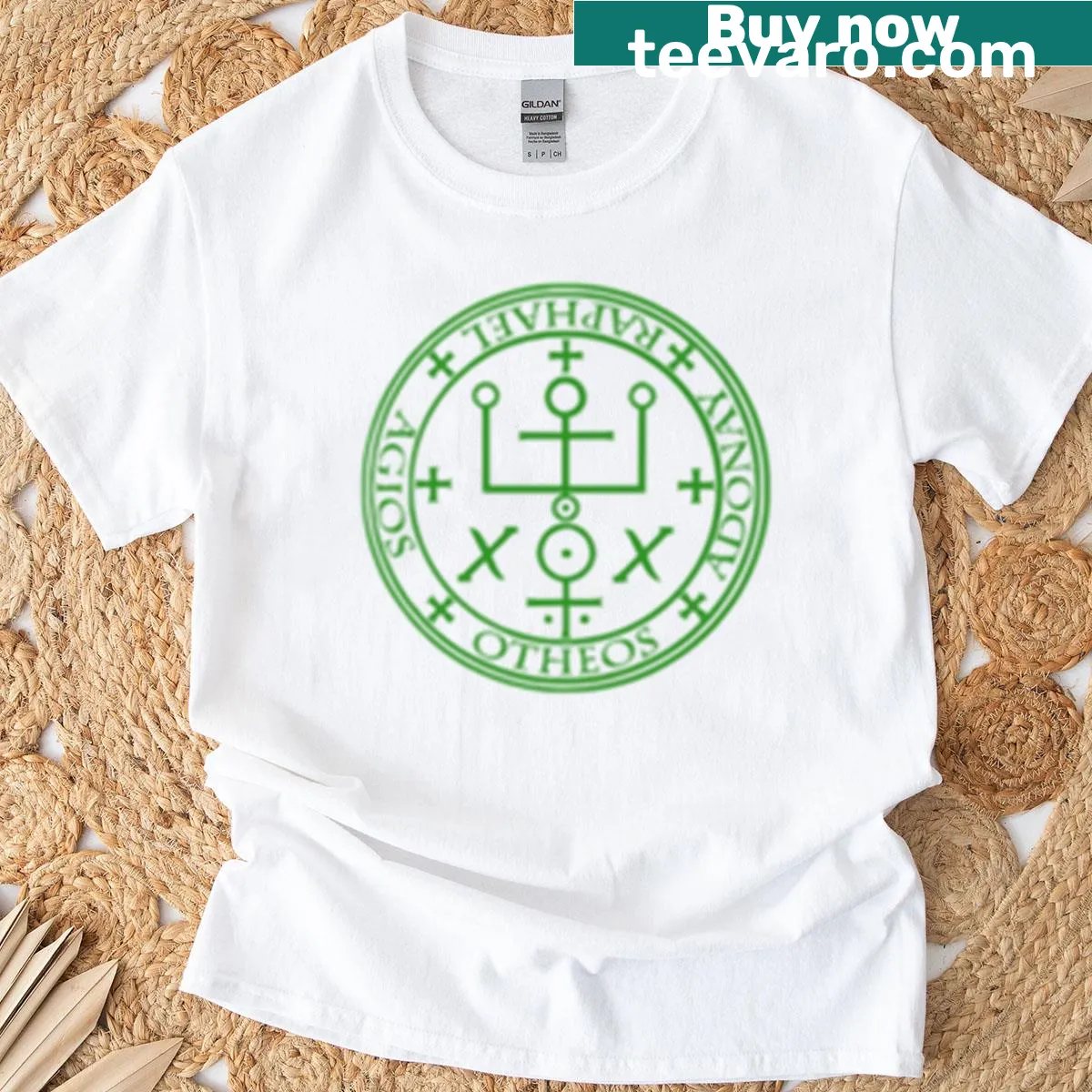 T-shirt featuring Archangel Raphael with a green light and healing symbol illustration. — on a men's t-shirt