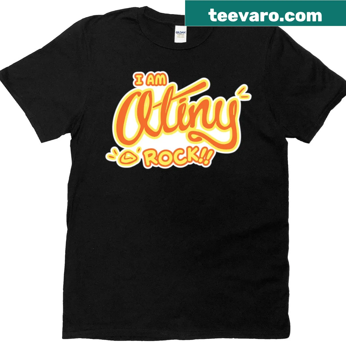 Humorous Atiny Rock t-shirt with playful Ateez fan reference — on a men's t-shirt