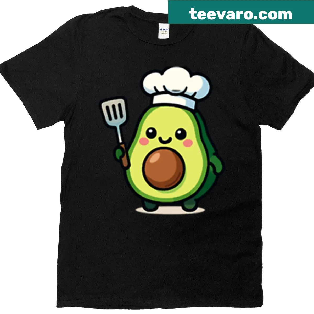 Cute illustration of Avo the Chef avocado character on T-shirt — on a men's t-shirt