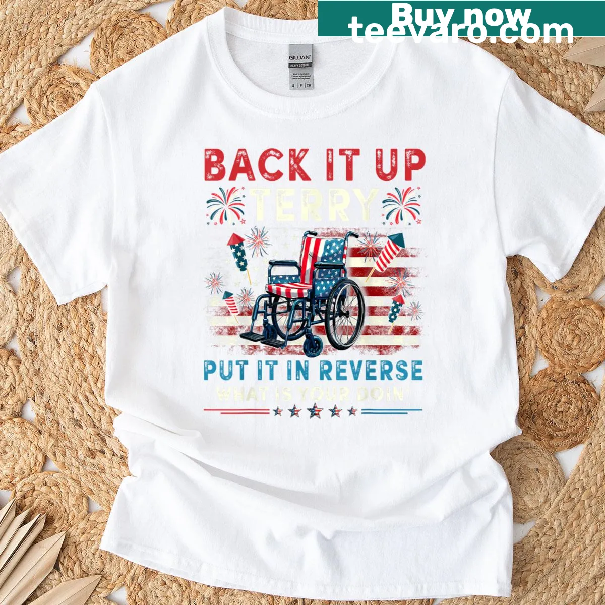 Funny 4th of July T-shirt with the phrase 'Back It Up Terry Put It In Reverse' — on a men's t-shirt