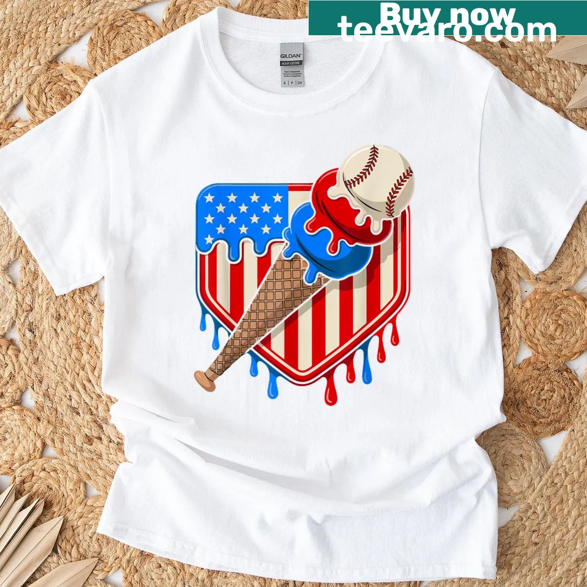 Cartoon T-shirt featuring baseball with USA flag and ice cream drips for kids. — on a men's t-shirt