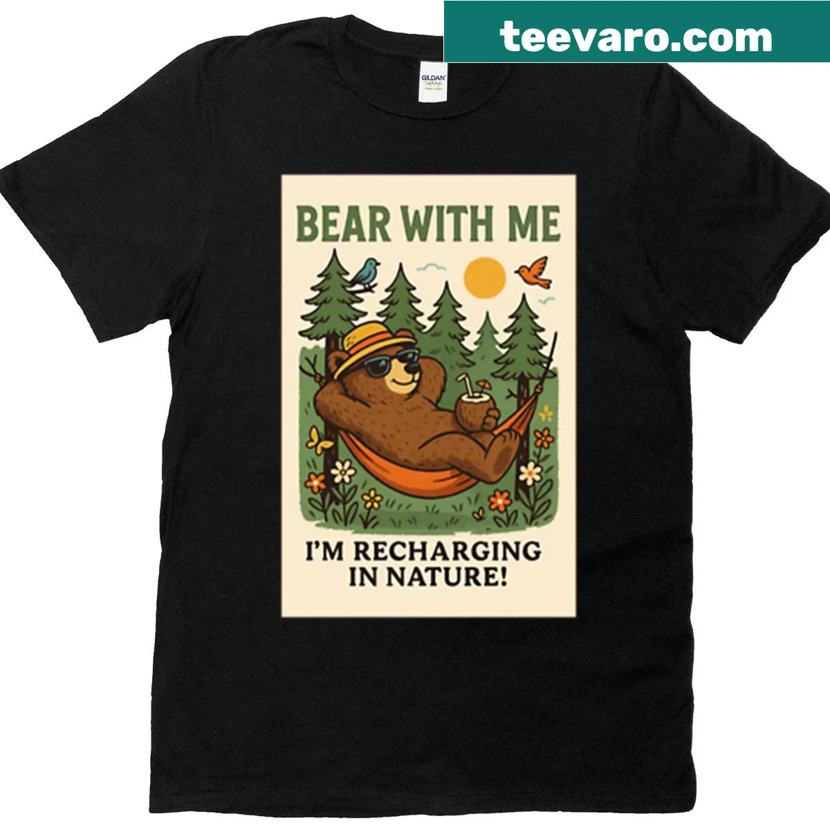 T-shirt with a bear illustration and recharge message. — on a men's t-shirt
