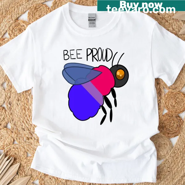 Bee Proud T-shirt featuring the bisexual flag colors and empowering text.