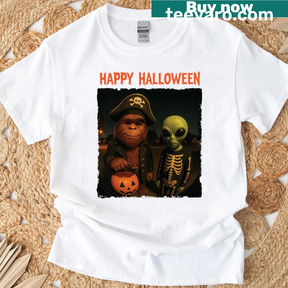 Funny Halloween T-shirt featuring Bigfoot and alien design — on a men's t-shirt