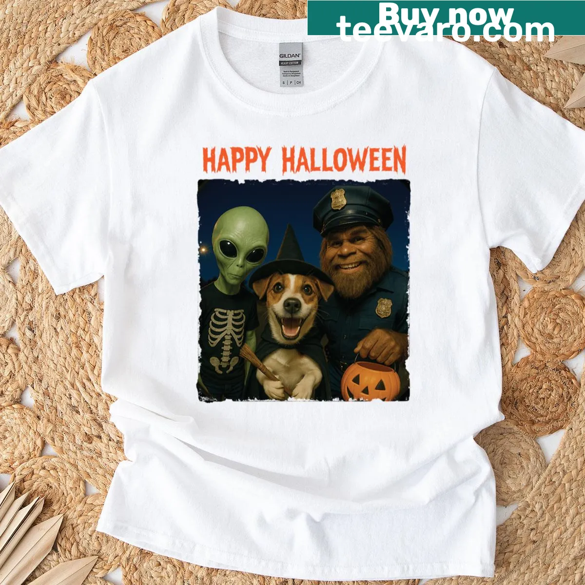 Funny Bigfoot Alien Jack Russell Halloween t-shirt design — on a men's t-shirt