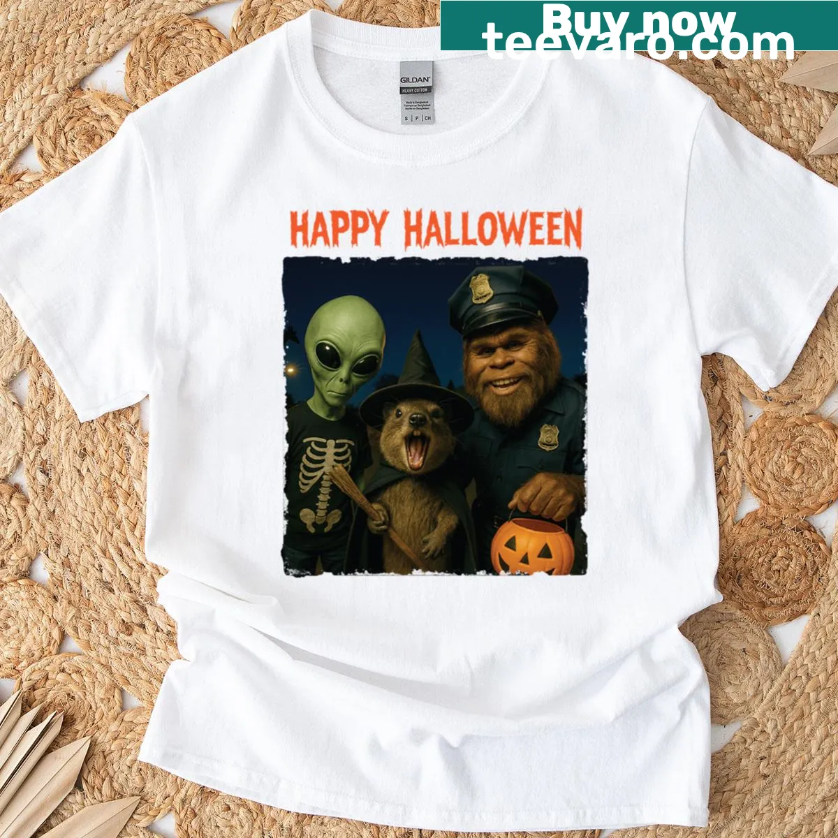 Funny Halloween T-shirt with Bigfoot, alien, and rock hyrax design — on a men's t-shirt