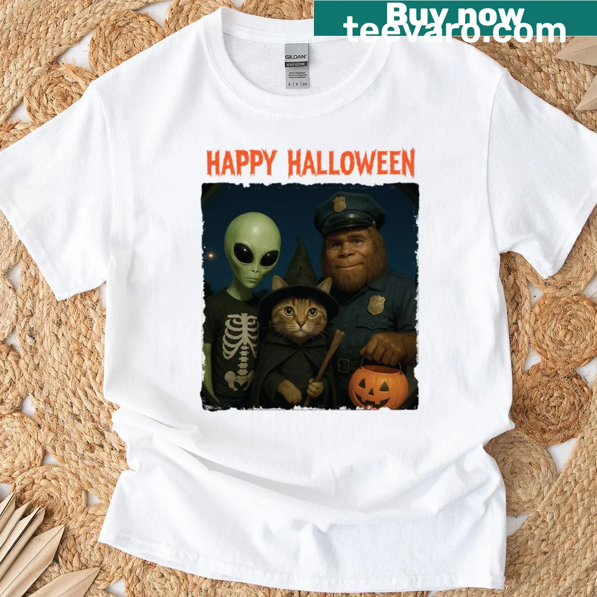 Funny Halloween t-shirt with Bigfoot, alien, and tabby cat design — on a men's t-shirt