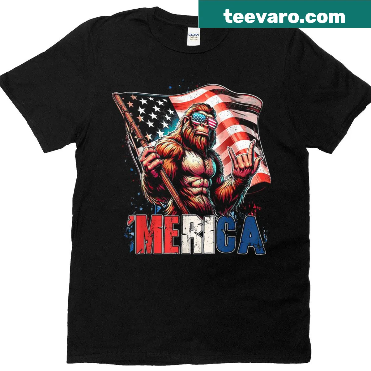 Patriotic T-shirt featuring Bigfoot and the American flag. — on a men's t-shirt