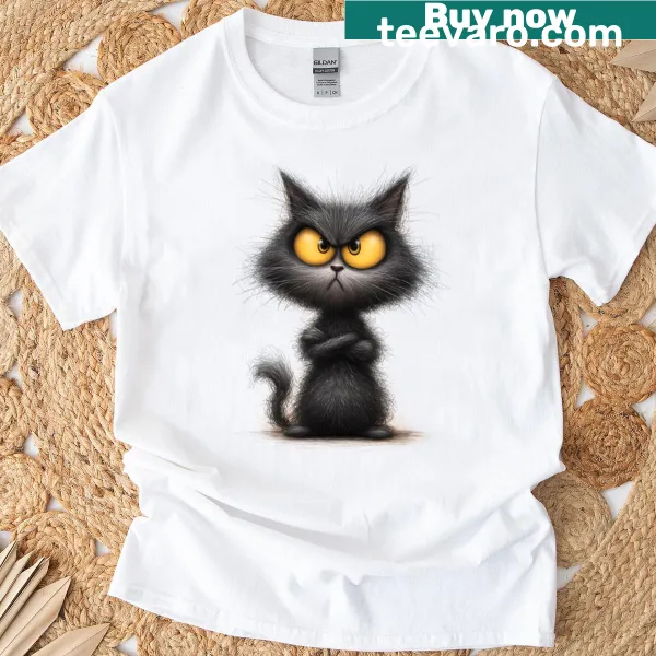Illustration of a cute black cat on an oversized T-shirt