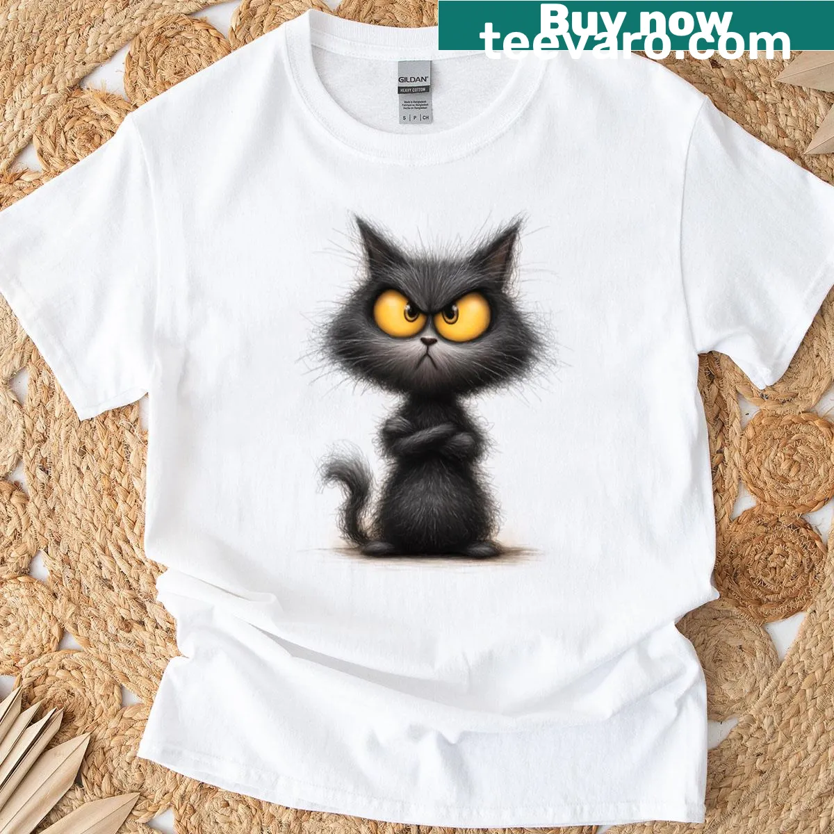 Illustration of a cute black cat on an oversized T-shirt — on a men's t-shirt