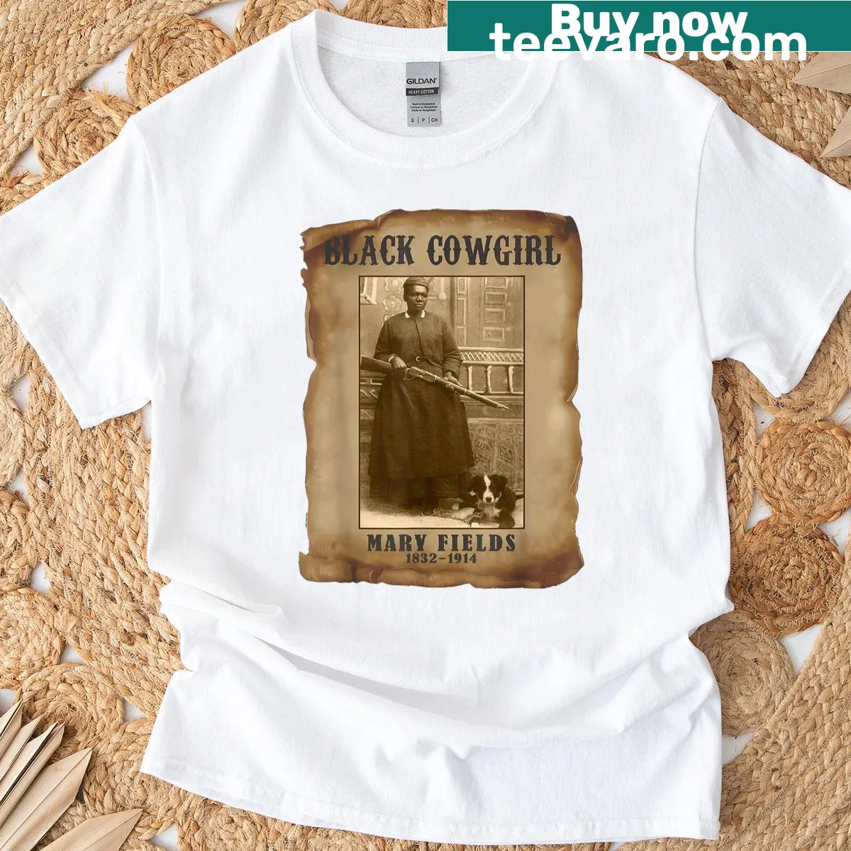 Graphic T-shirt honoring Black Cowgirl Mary Fields and her legacy — on a men's t-shirt