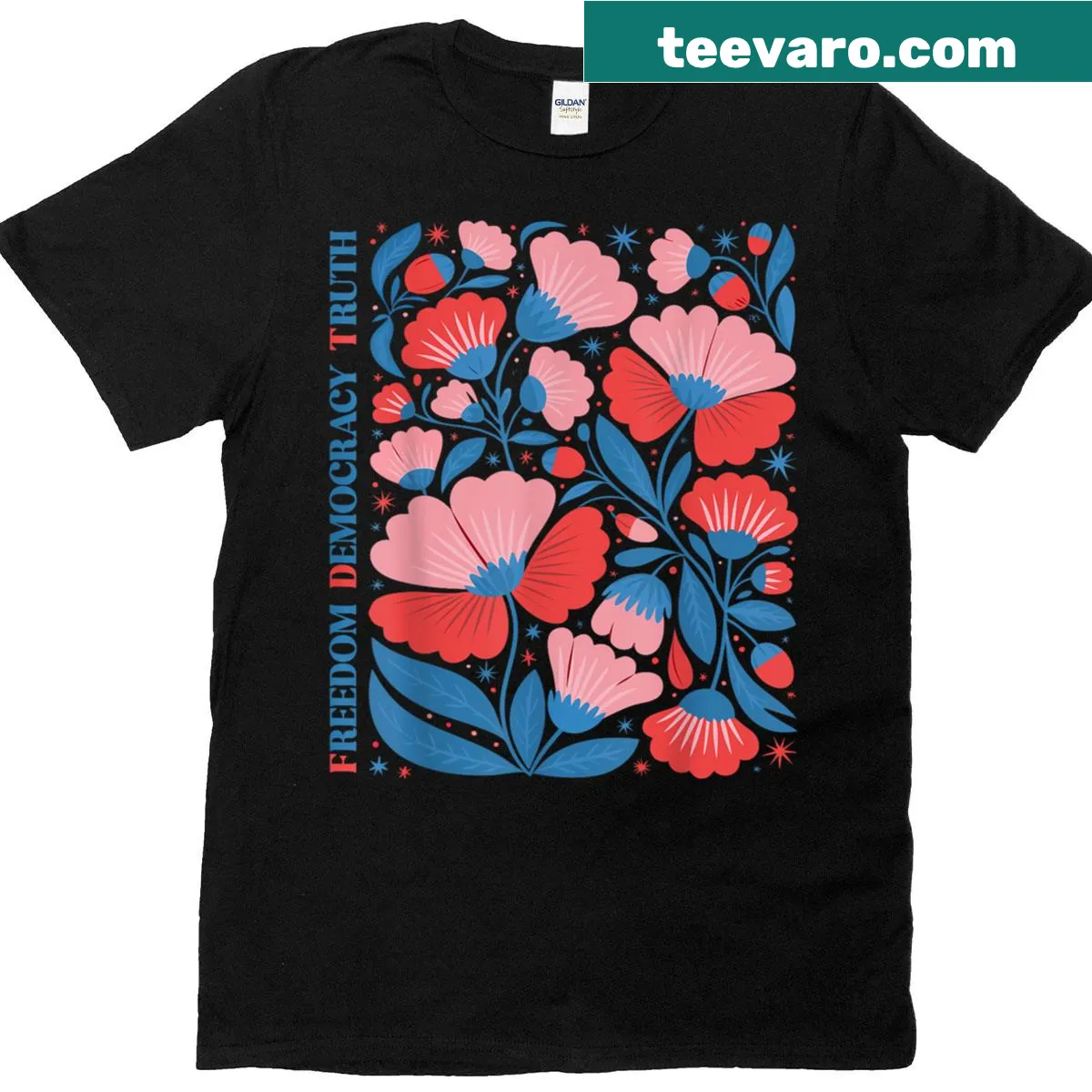 Floral design with patriotic themes for 4th of July — on a men's t-shirt