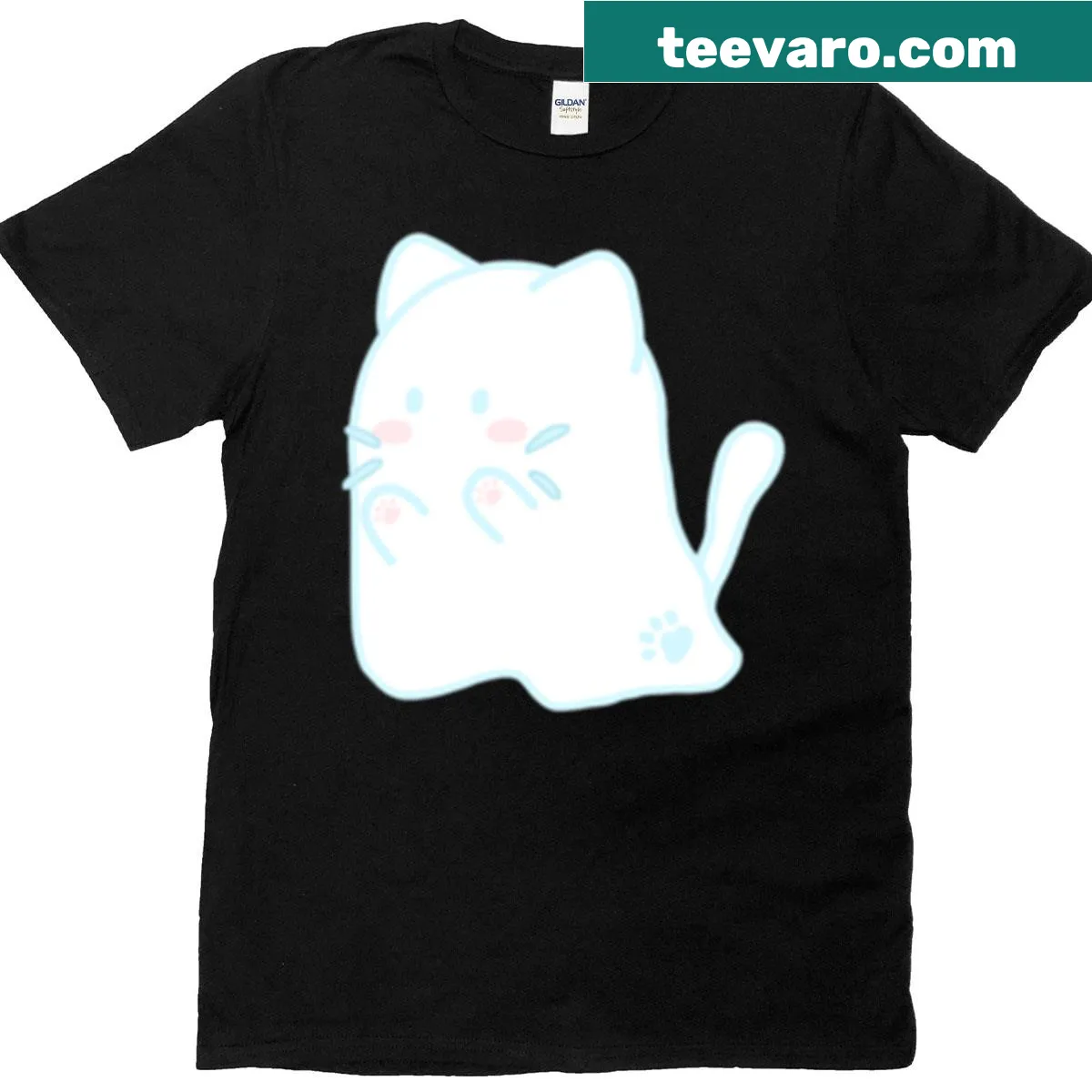 Graphic of a cat with a ghost for a spooky-themed t-shirt — on a men's t-shirt
