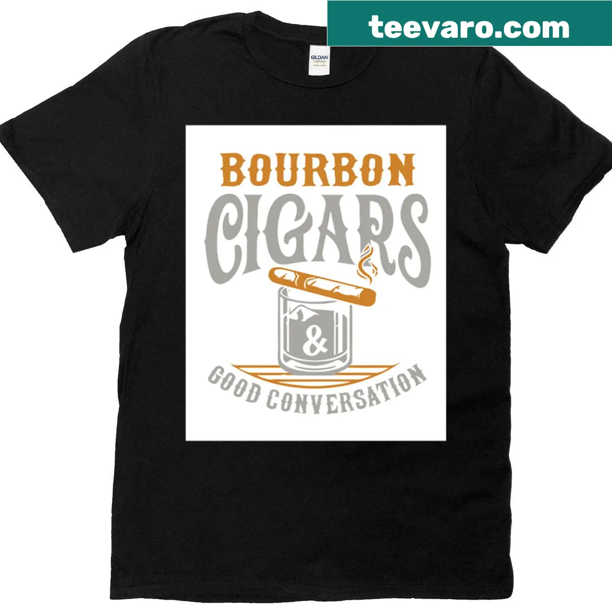 Graphic t-shirt celebrating bourbon, cigars, and good conversation — on a men's t-shirt