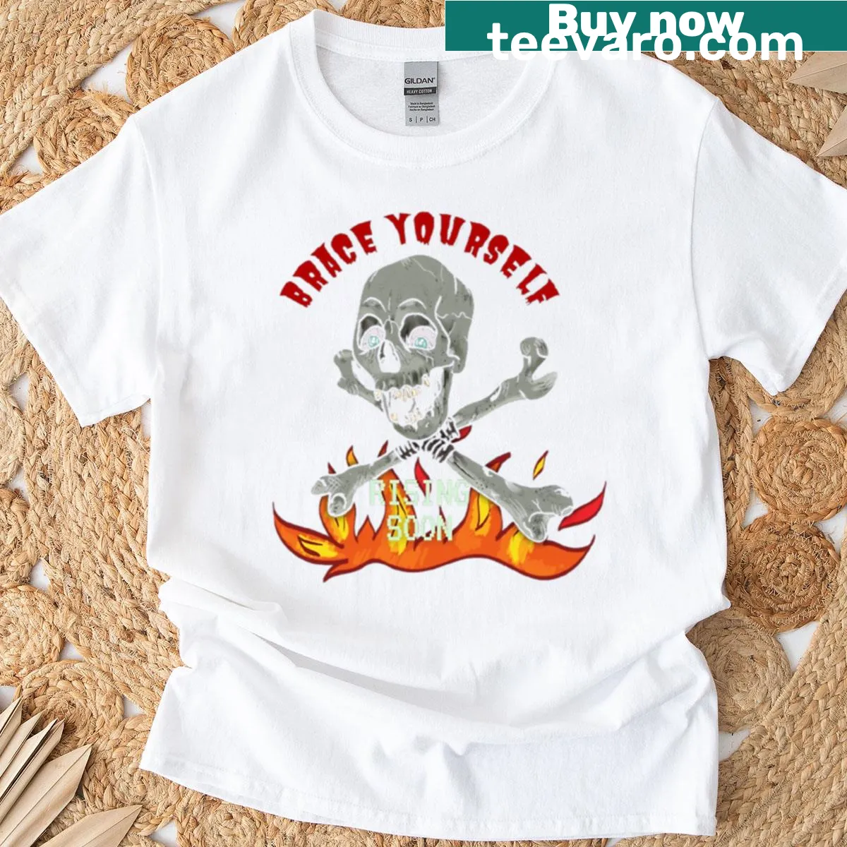 Pixel art skull graphic T-shirt on fire — on a men's t-shirt