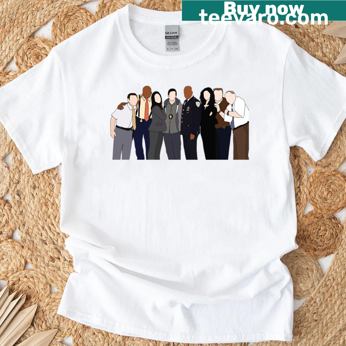 Brooklyn Nine Nine cast t-shirt with cartoon design — on a men's t-shirt