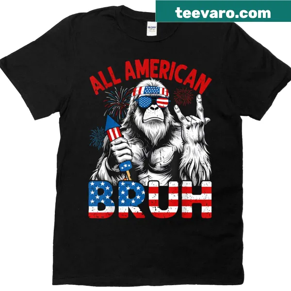 Bigfoot in front of American flag with humorous text design