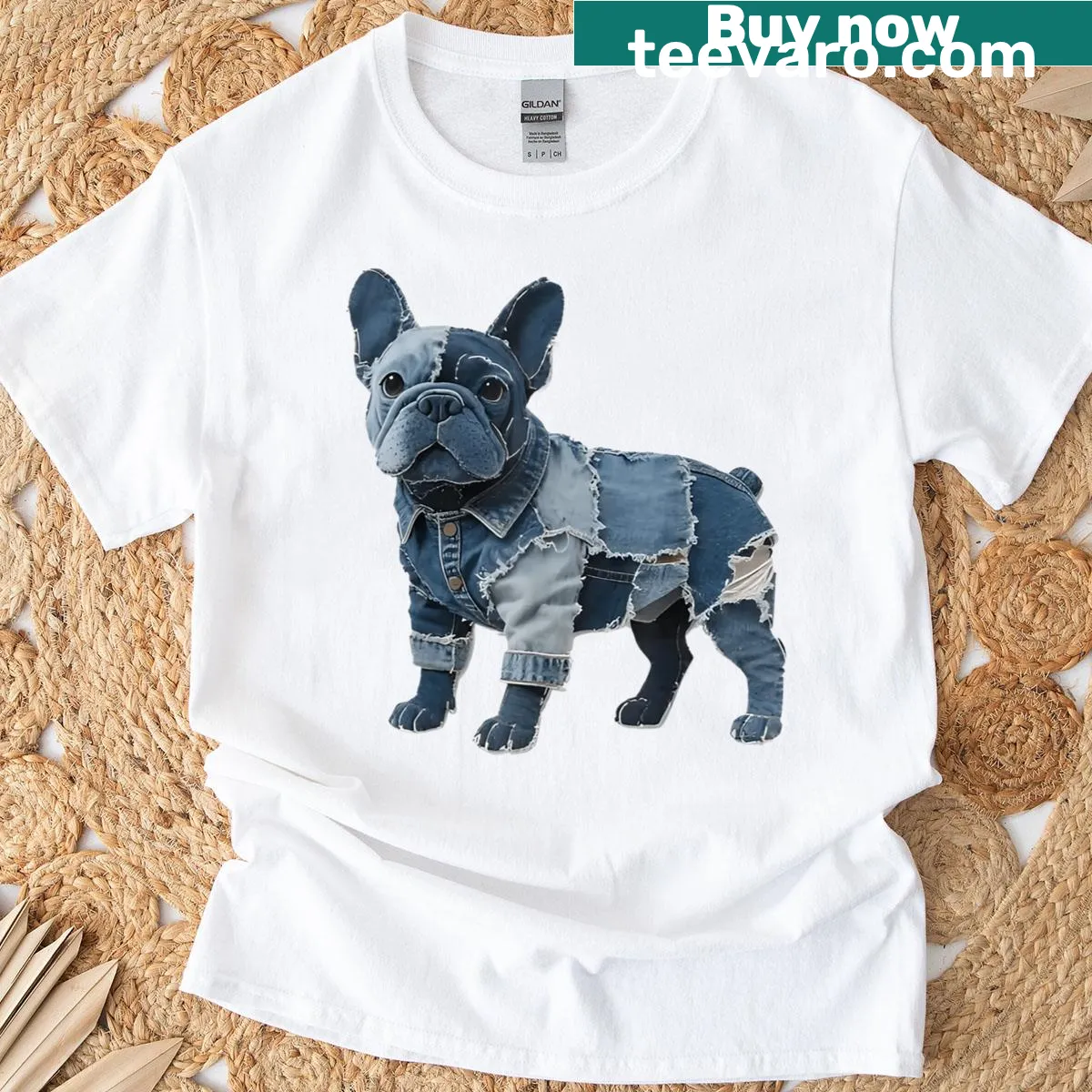 Patchwork art design featuring French Bulldogs in denim style — on a men's t-shirt