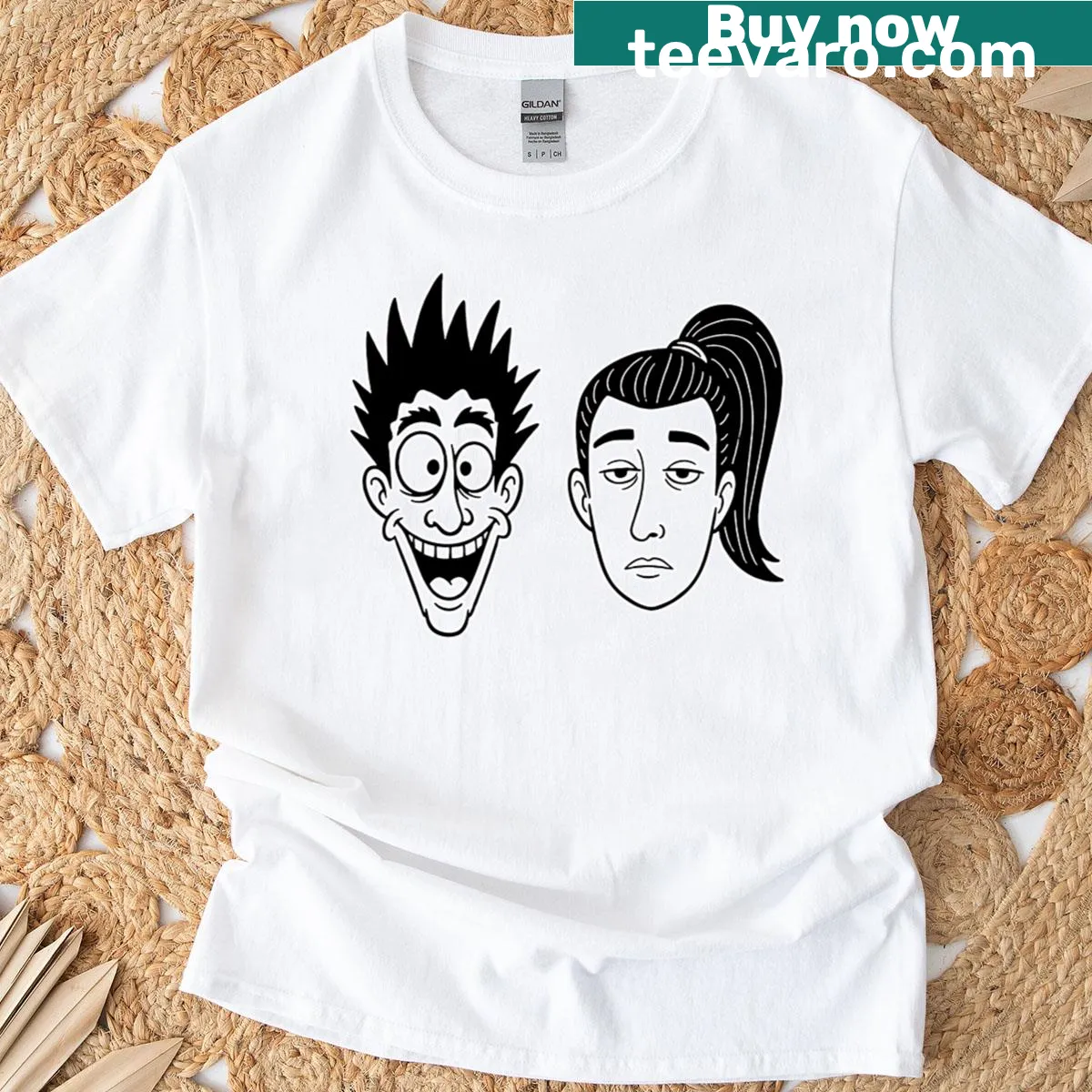 Cute cartoon T-shirt featuring a duo with spiky hair and ponytails. — on a men's t-shirt