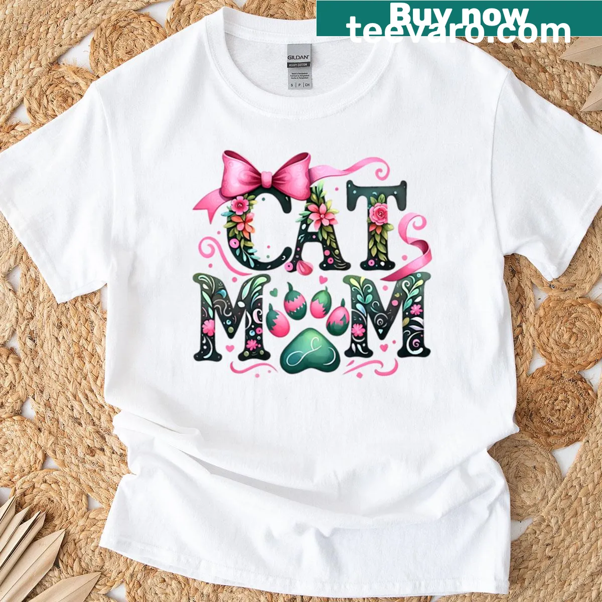 T-shirt proudly declaring 'Cat Mom' in charming lettering — on a men's t-shirt