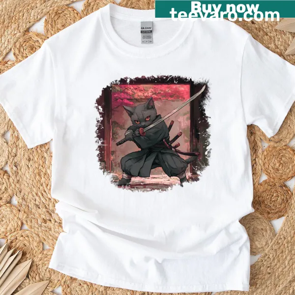Cat dressed as a samurai ninja in an action pose