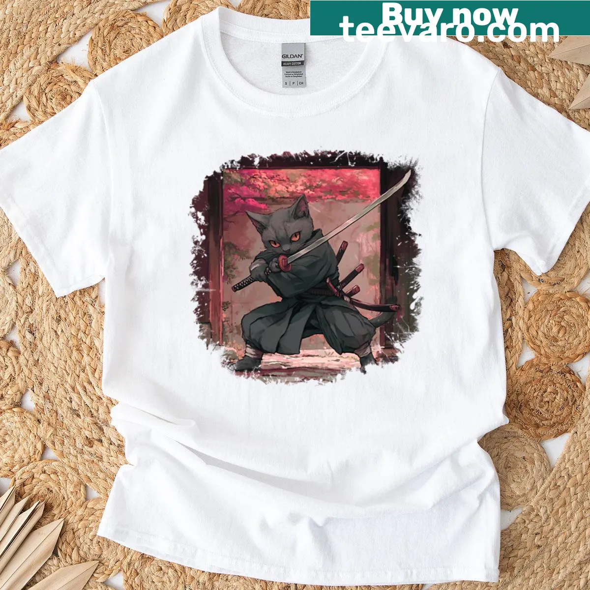Cat dressed as a samurai ninja in an action pose — on a men's t-shirt