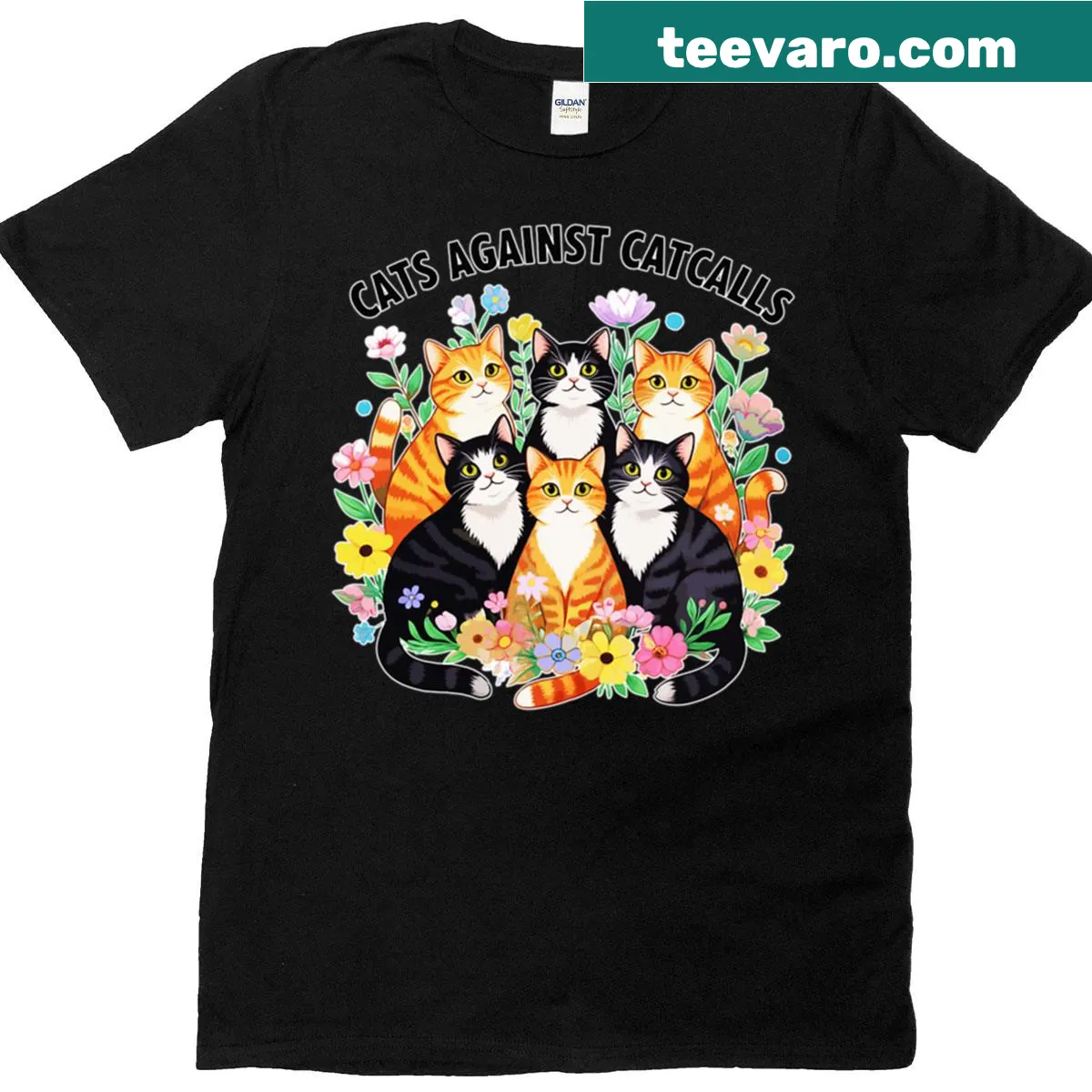 Feminist cat power design with floral elements and a humorous message — on a men's t-shirt