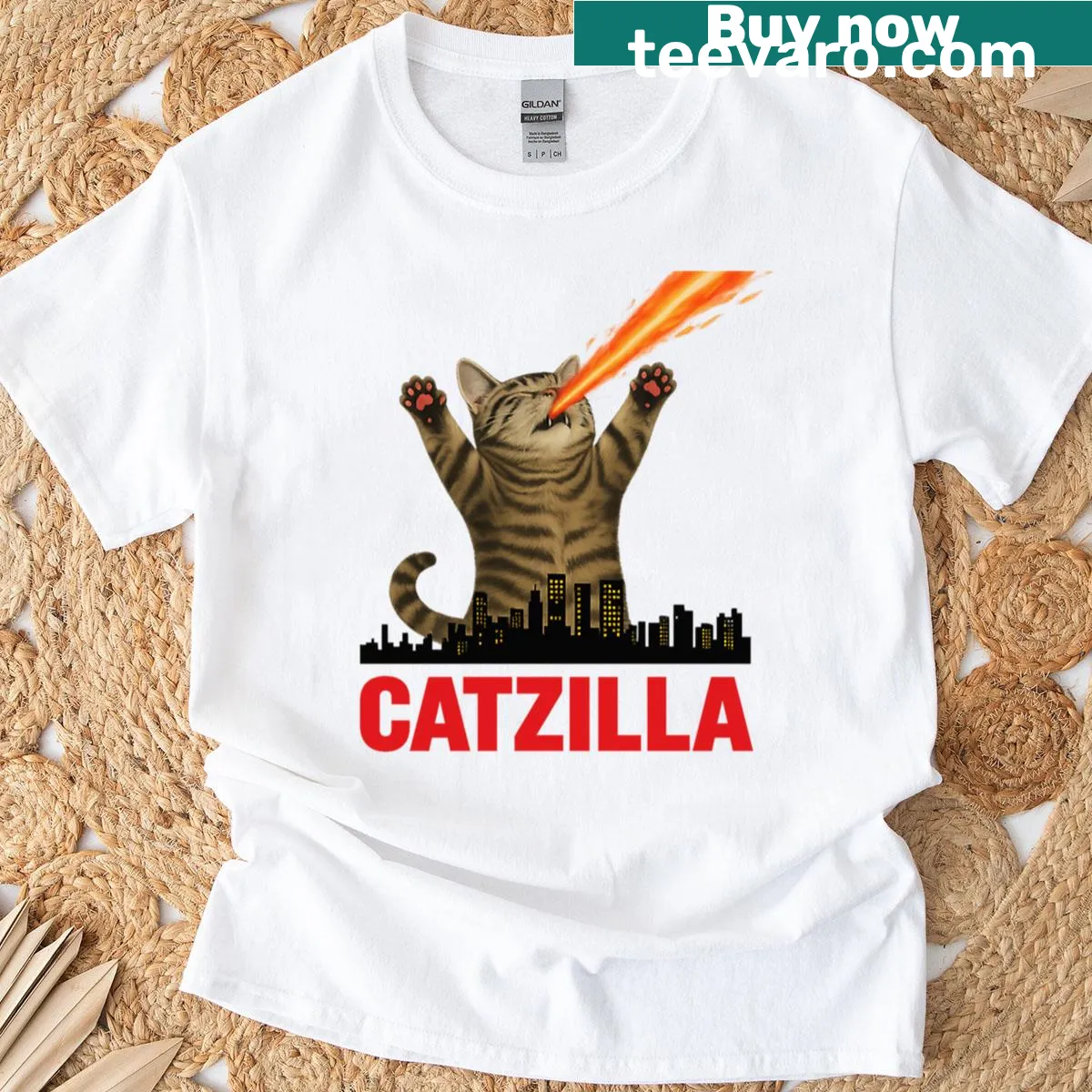 Illustration of a giant cat breathing fire over a city on a t-shirt — on a men's t-shirt