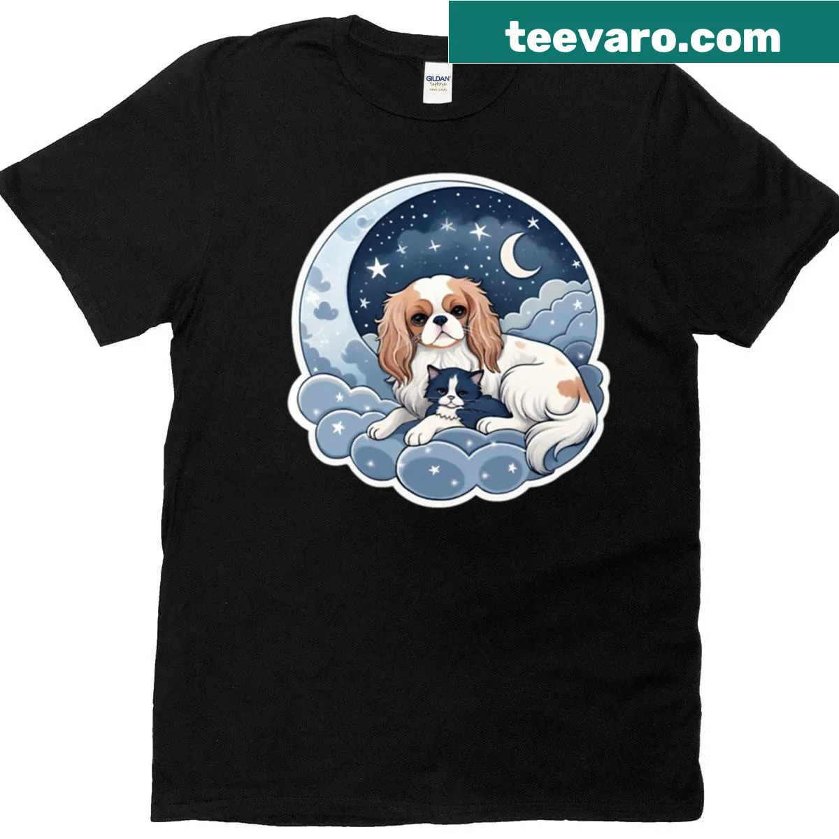 Kitten sitting in clouds illustrated on a T-shirt — on a men's t-shirt