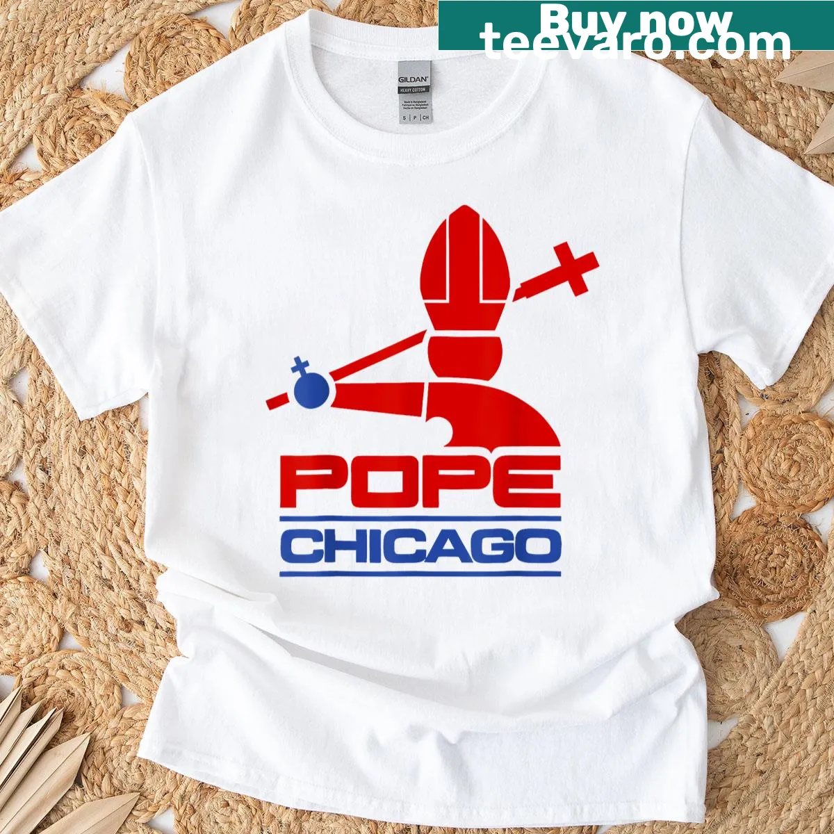 Chicago baseball themed Pope Leo XIV illustration on T-shirt — on a men's t-shirt