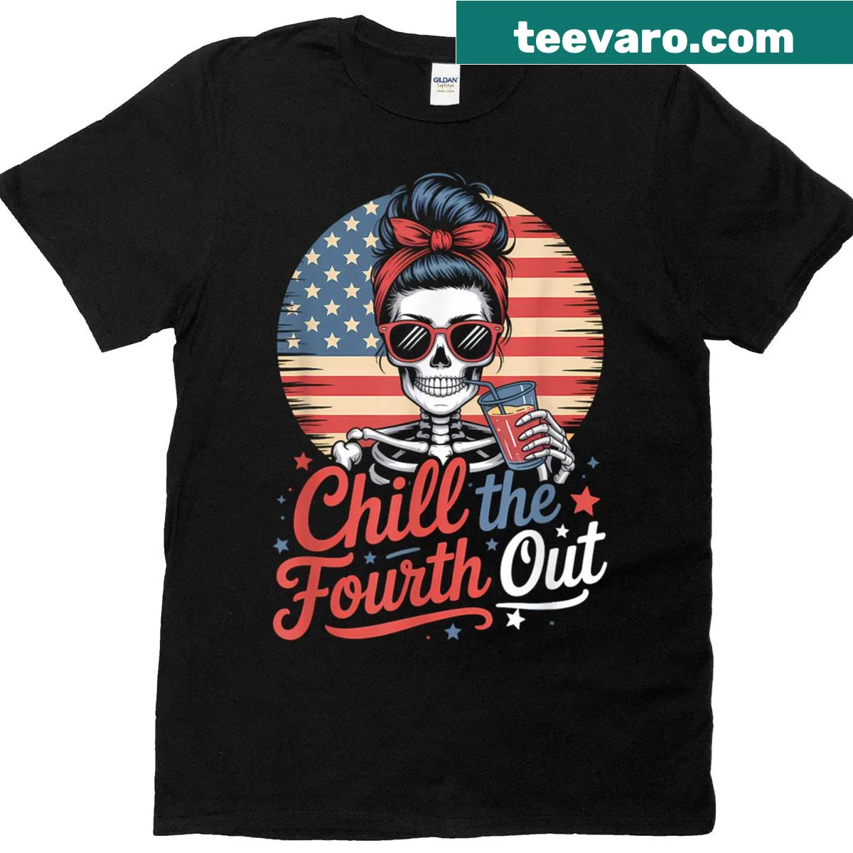 Funny skeleton character celebrating Fourth of July on a T-shirt — on a men's t-shirt