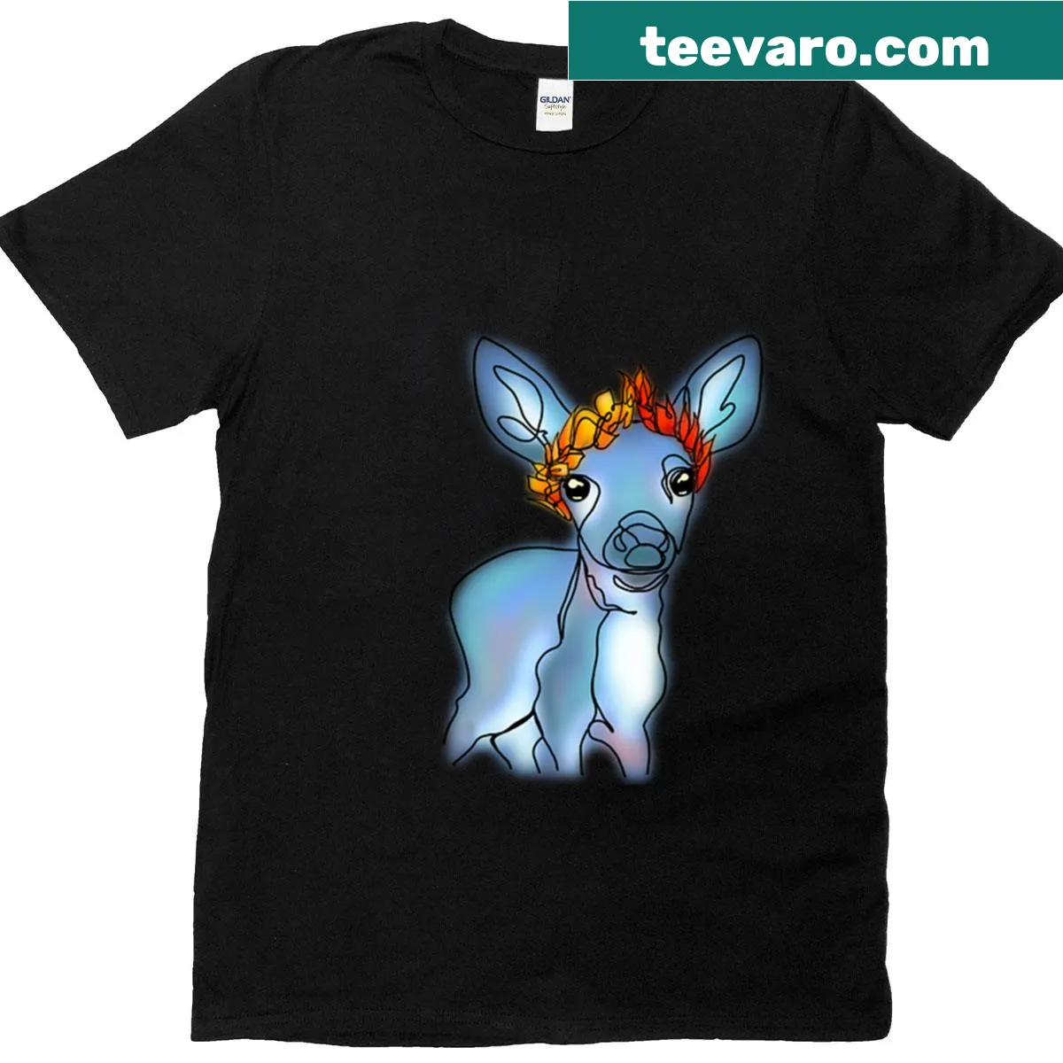 Line drawing of a deer with floral crown in autumn theme — on a men's t-shirt