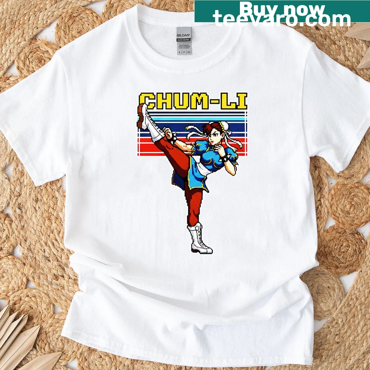 Retro pixel art fighter kick T-shirt design — on a men's t-shirt
