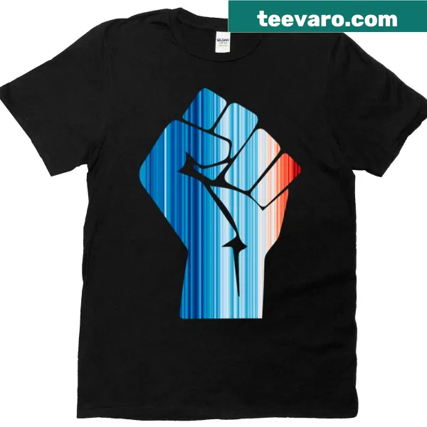 Fist graphic with stripes representing climate change on t-shirt