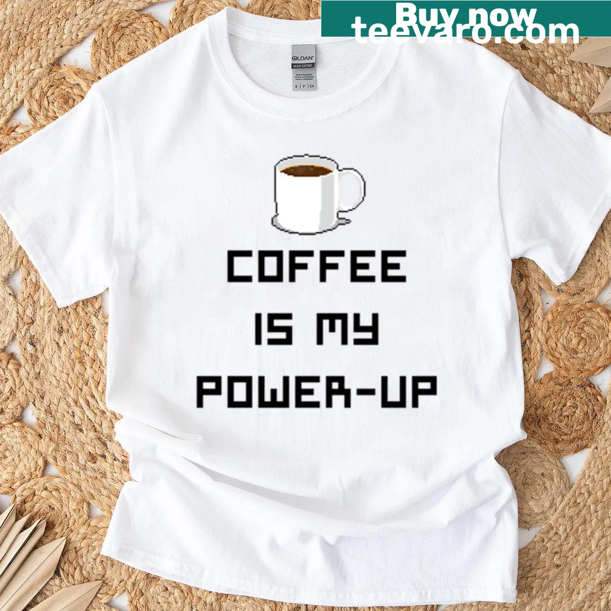 Typography graphic saying Coffee Is My Power-up on a T-shirt — on a men's t-shirt