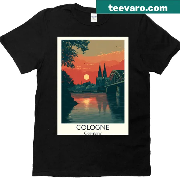 Illustration of Cologne's cathedral at sunset over the Rhine River