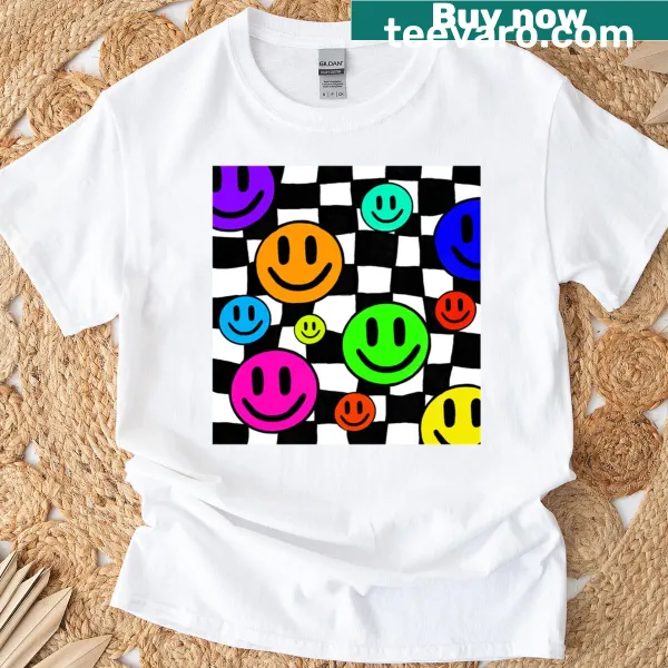 Checkered design with smiley faces on T-shirt