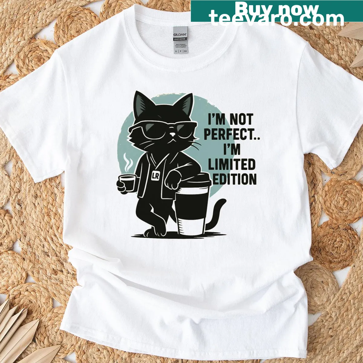 Funny T-shirt with a black cat graphic and humorous quote — on a men's t-shirt