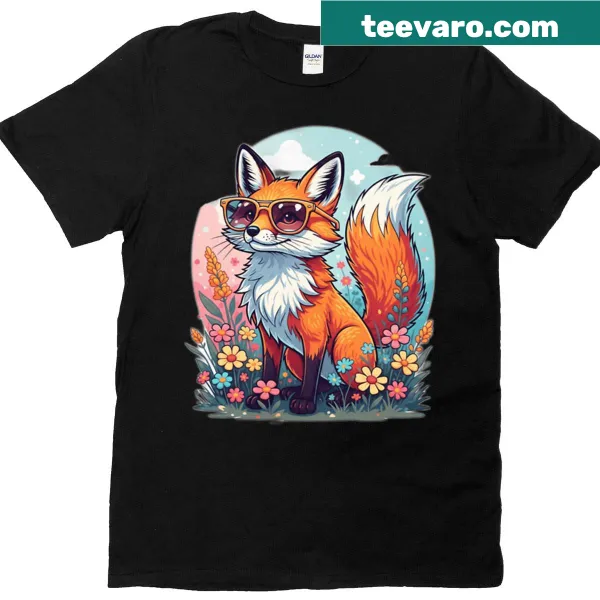 Cartoon fox in shades surrounded by floral designs