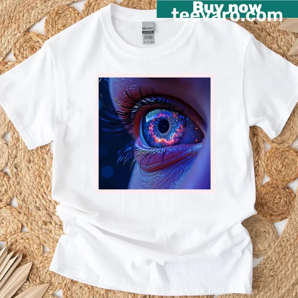 T-shirt with a cosmic eye gazing into a starlit sky.