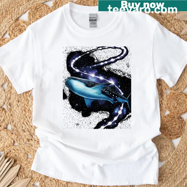 Illustration of a whale shark swimming in a cosmic space setting