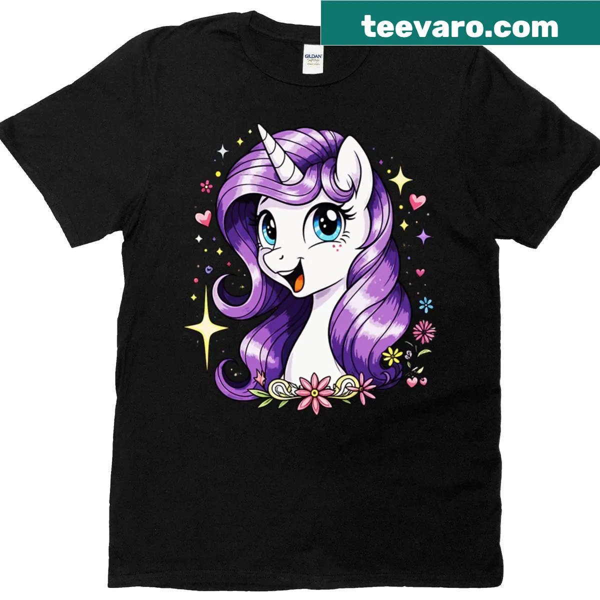 Cute cartoon unicorn with magical stars and hearts — on a men's t-shirt
