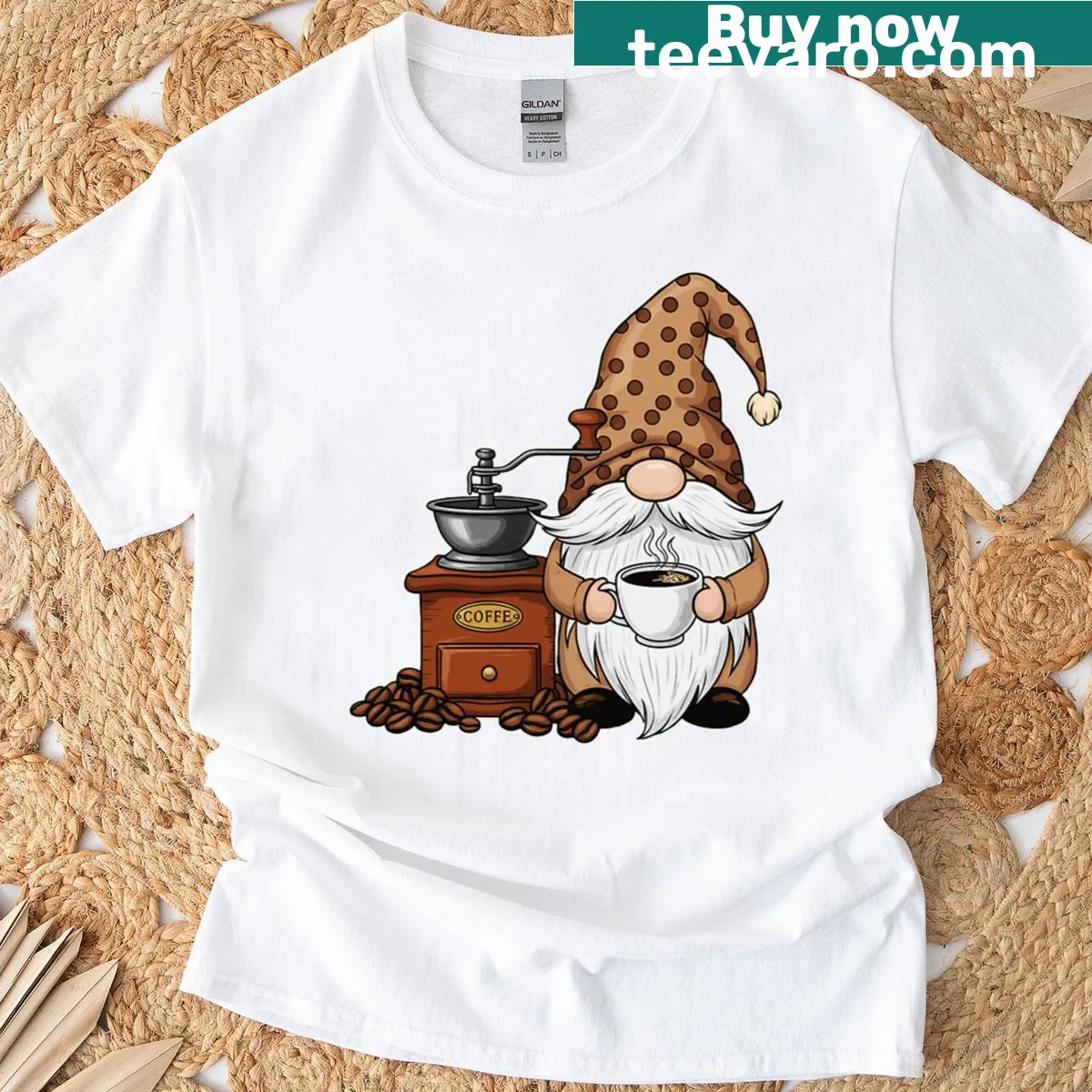 Whimsical gnome design surrounded by coffee elements on a T-shirt. — on a men's t-shirt