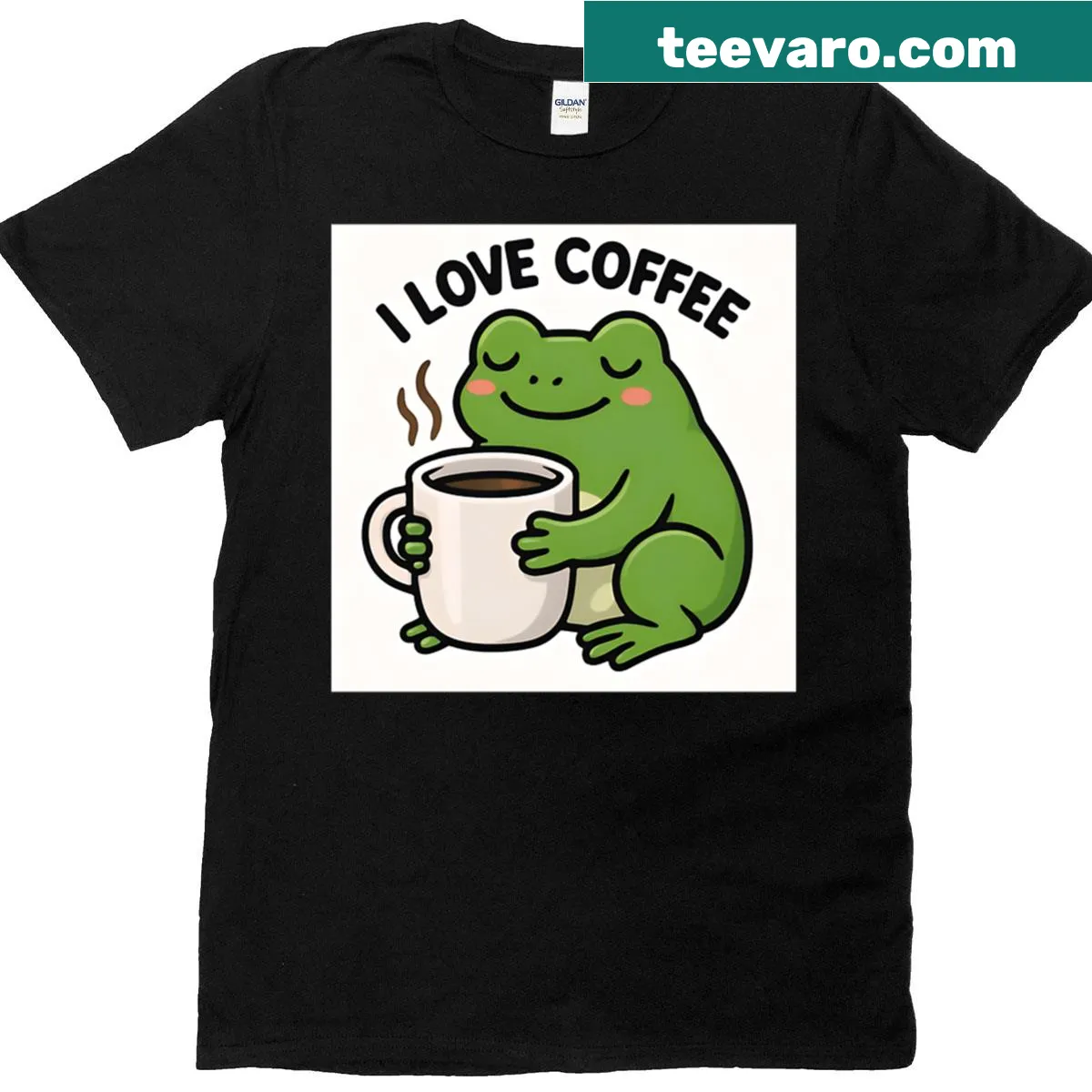 Frog hugging a coffee mug graphic on t-shirt — on a men's t-shirt