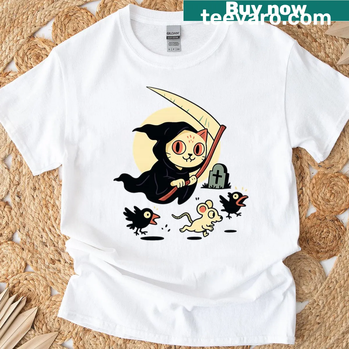 Cute cat as Grim Reaper with scythe and birds on a t-shirt — on a men's t-shirt