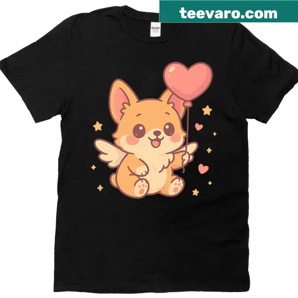 Kawaii angel corgi with heart balloon graphic on t-shirt