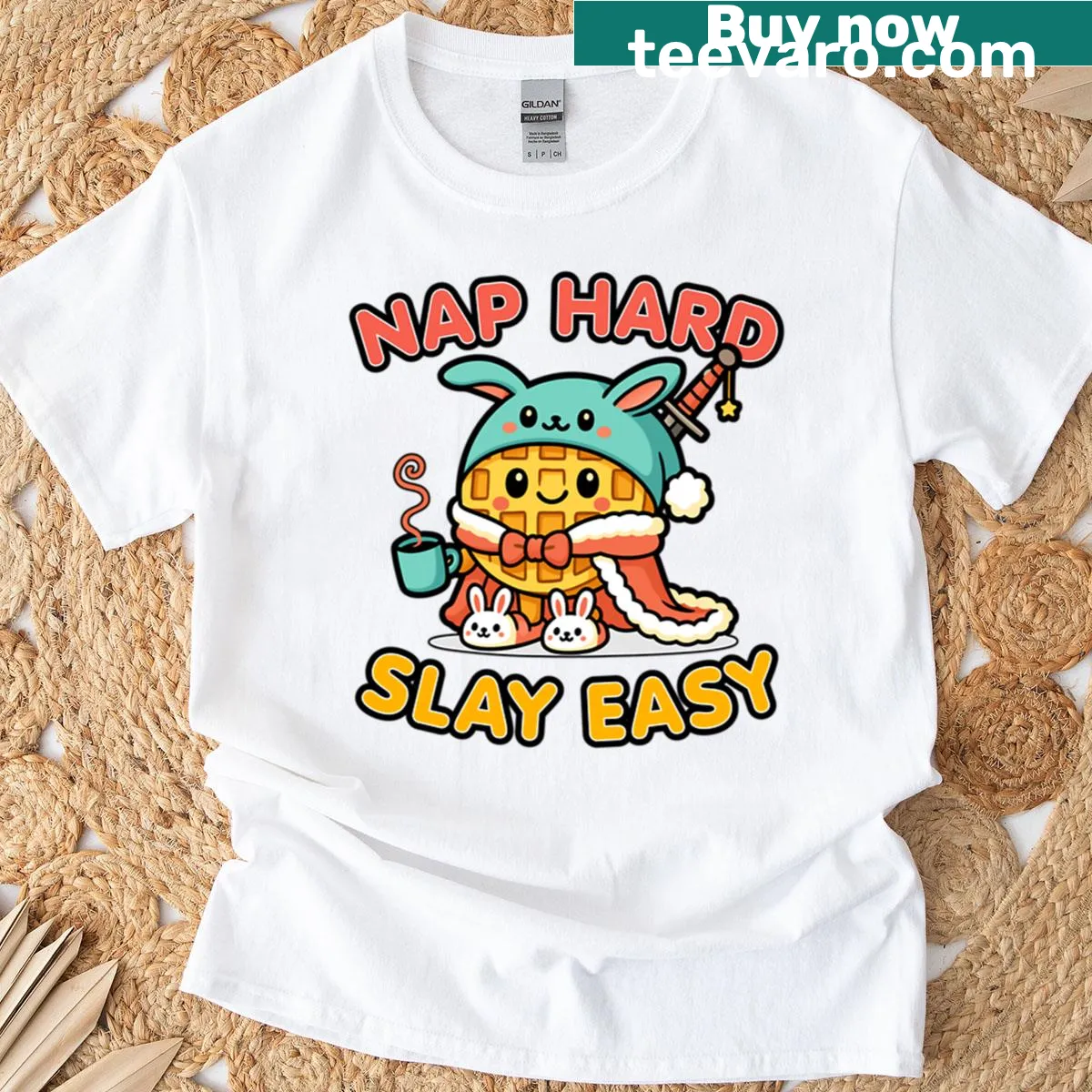 Kawaii Waffle Warrior T-shirt with playful graphics and fun slogan — on a men's t-shirt