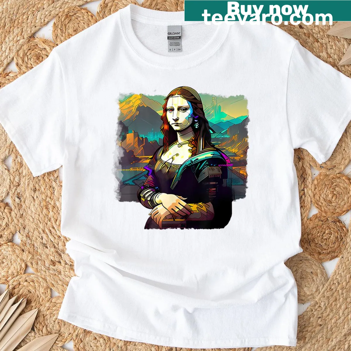 Cyberpunk version of the Mona Lisa on a fashionable t-shirt — on a men's t-shirt