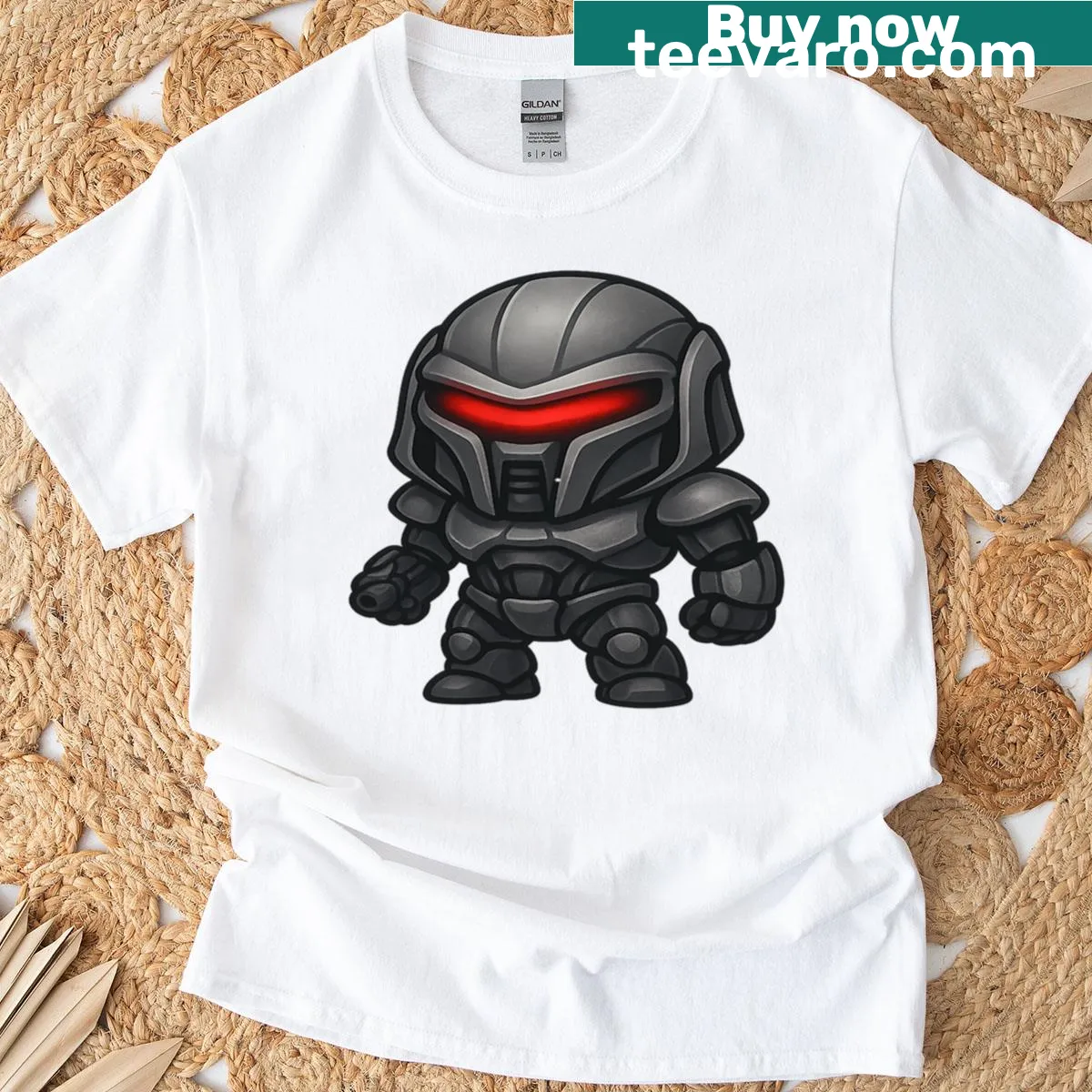 Cartoon-style Cylon Pew Chibi T-shirt with playful design — on a men's t-shirt