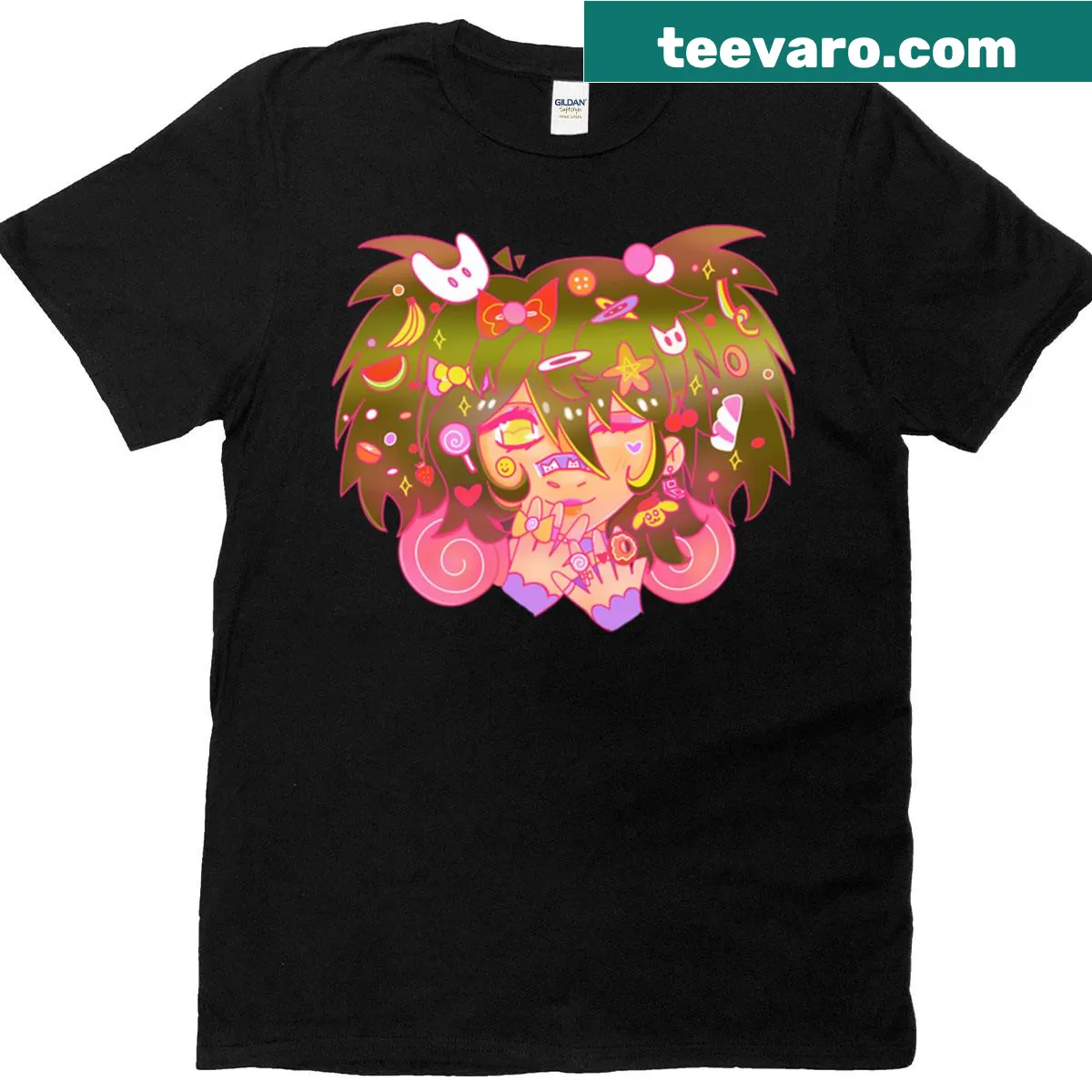 Cartoon illustration of Mika Kagehira from Decora Femstars on a T-shirt — on a men's t-shirt